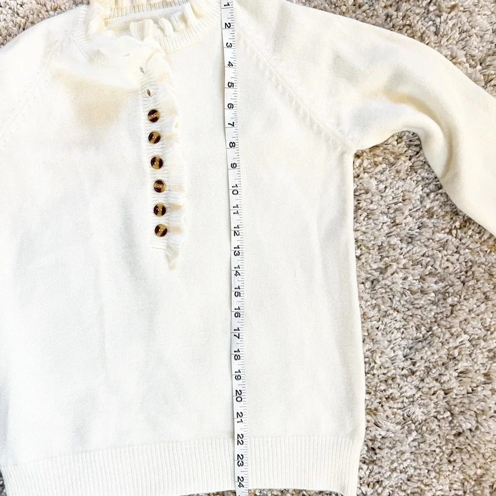 Women's Round Neck Button Down Knit Ribbed Sweater with Ruffles Size Small